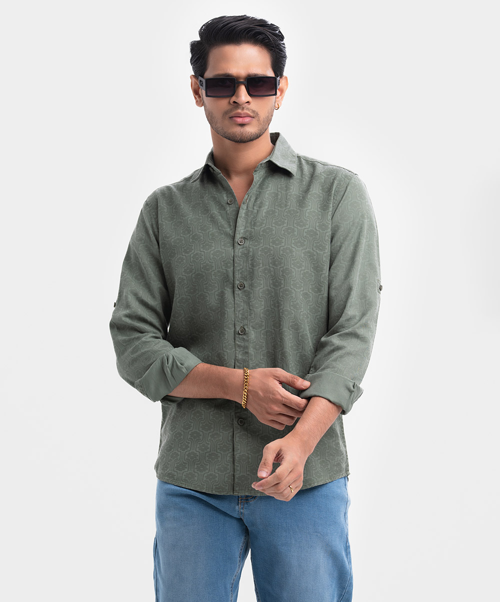 Olive Green Cotton Long Sleeve Casual Shirt